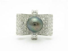 LIV 14kt White Gold Genuine White Diamond Black Tahitian Pearl Art Deco Ring Gift