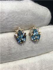 LIV 14k Yellow Gold Diamonds & Blue Topaz Halo Stud Cluster Earring 1.8 Gr .20ct Dia