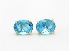 LIV 14k Yellow Gold & Genuine Blue Topaz Oval Design Hand Made Stud Earrings Gift