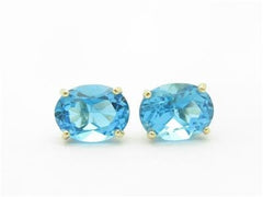 LIV 14k Yellow Gold & Genuine Blue Topaz Oval Design Hand Made Stud Earrings Gift