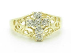 LIV 14KT Yellow Gold Genuine White Diamond Pave Set Cross Design Faith Ring New