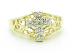 LIV 14KT Yellow Gold Genuine White Diamond Pave Set Cross Design Faith Ring New