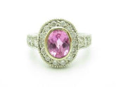 LIV 14KT White Gold Genuine White Diamond Pave Pink Sapphire Halo Vintage Design Ring