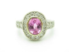 LIV 14KT White Gold Genuine White Diamond Pave Pink Sapphire Halo Vintage Design Ring