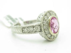 LIV 14KT White Gold Genuine White Diamond Pave Pink Sapphire Halo Vintage Design Ring