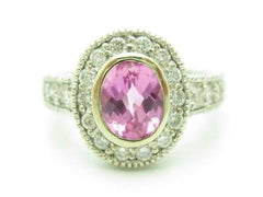 LIV 14KT White Gold Genuine White Diamond Pave Pink Sapphire Halo Vintage Design Ring