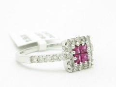 LIV 18KT Solid White Gold Genuine White Diamond & Red Ruby Halo Design Square Ring