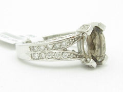 LIV 14KT Solid White Gold Genuine White Diamond & Smokey Topaz Solitaire Design Ring
