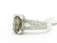 LIV 14KT Solid White Gold Genuine White Diamond & Smokey Topaz Solitaire Design Ring
