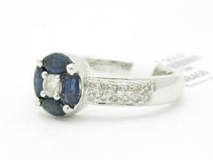 LIV 14KT Solid White Gold Genuine White Diamond & Blue Sapphire Halo Design Ring New