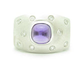 LIV 14KT Solid White Gold Genuine White Diamond & Purple Amethyst Wide Band Ring New