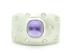 LIV 14KT Solid White Gold Genuine White Diamond & Purple Amethyst Wide Band Ring New