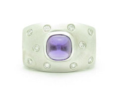 LIV 14KT Solid White Gold Genuine White Diamond & Purple Amethyst Wide Band Ring New