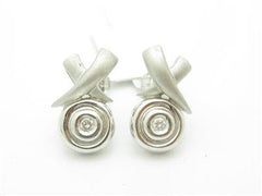 LIV 14kt White Gold Diamond Halo Design Round Cut X Design Diamond Stud Earrings