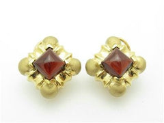 LIV 14kt Yellow Gold Unique Cushion Cut Red Garnet Cabochon French Back Stud Earring