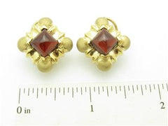 LIV 14kt Yellow Gold Unique Cushion Cut Red Garnet Cabochon French Back Stud Earring
