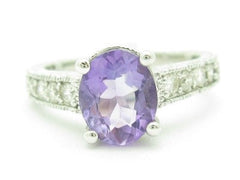 LIV 14KT White Gold Genuine Diamond & Purple Amethyst Vintage Design Band Ring