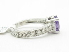 LIV 14KT White Gold Genuine Diamond & Purple Amethyst Vintage Design Band Ring