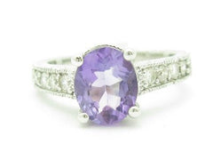 LIV 14KT White Gold Genuine Diamond & Purple Amethyst Vintage Design Band Ring