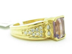 LIV Unique Solid 14K Yellow Gold Purple Amethyst Diamond Abstract Design Band Ring