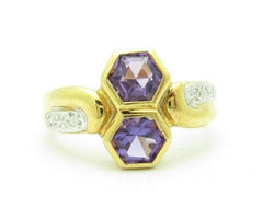 LIV Unique Solid 14KT Yellow Gold Purple Amethyst Diamond Abstract Design Band Ring