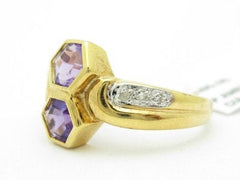 LIV Unique Solid 14KT Yellow Gold Purple Amethyst Diamond Abstract Design Band Ring