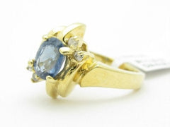 LIV Unique Solid 14KT Yellow Gold Blue Topaz & White Diamond Stone Design Band Ring