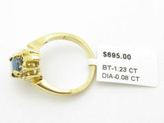 LIV Unique Solid 14KT Yellow Gold Blue Topaz & White Diamond Stone Design Band Ring