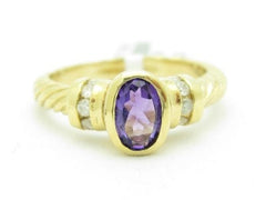 LIV Unique Solid 14KT Yellow Gold Amethyst & White Diamond Cable Design Halo Ring