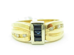 LIV Unique Solid 14KT Yellow Gold Genuine Blue Sapphire & White Diamond Band Ring