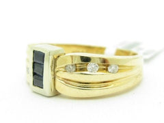 LIV Unique Solid 14KT Yellow Gold Genuine Blue Sapphire & White Diamond Band Ring