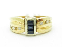 LIV Unique Solid 14KT Yellow Gold Genuine Blue Sapphire & White Diamond Band Ring