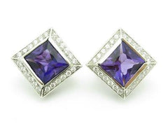 LIV 14k White Gold Diamonds Purple Amethyst Halo Design Square French Back Earrings