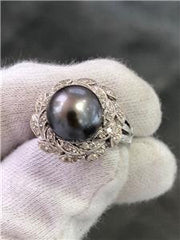 LIV 14k White Gold Genuine Diamonds Black Tahitian Pearl Pave Halo Cocktail Ring