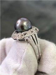 LIV 14k White Gold Genuine Diamonds Black Tahitian Pearl Pave Halo Cocktail Ring