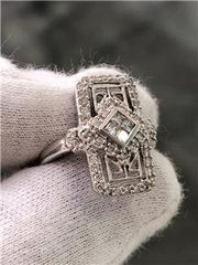 LIV 14k White Gold Genuine Diamonds Pave Halo Vintage Design Rectangle Ring G/VS