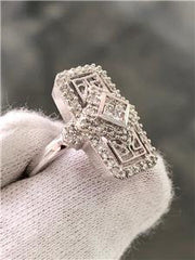 LIV 14k White Gold Genuine Diamonds Pave Halo Vintage Design Rectangle Ring G/VS