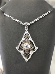 LIV 18k Yellow Gold Sterling Silver Natural White Topaz Vintage Cable Halo Pendant