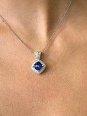 LIV 14k White Gold & Natural Diamonds G/VS1 Cushion Cut Tanzanite Halo Necklace 16"L