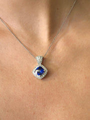 LIV 14k White Gold & Natural Diamonds G/VS1 Cushion Cut Tanzanite Halo Necklace 16"L