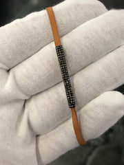 LIV Sterling Silver & Natural Diamonds Bar Design Pave Brown Leather Stack Bracelet Gift 7" L