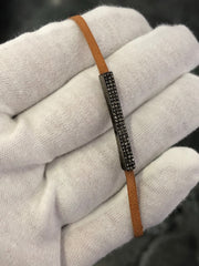 LIV Sterling Silver & Natural Diamonds Bar Design Pave Brown Leather Stack Bracelet Gift 7" L