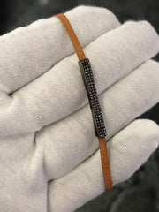 LIV Sterling Silver & Natural Diamonds Bar Design Pave Brown Leather Stack Bracelet Gift 7" L