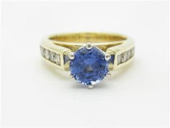 LIV 14k Yellow Gold Diamonds & Blue Sapphire Round Side Stones Engagement Ring
