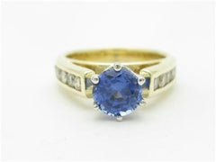 LIV 14k Yellow Gold Diamonds & Blue Sapphire Round Side Stones Engagement Ring