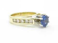 LIV 14k Yellow Gold Diamonds & Blue Sapphire Round Side Stones Engagement Ring