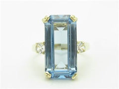 LIV 14k Solid Yellow Gold Diamond & Blue Topaz 3 Stone Design Ring