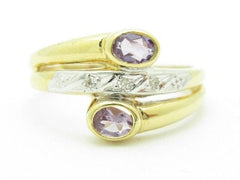 LIV Solid 14K Yellow Gold Genuine White Diamond & Purple Amethyst Wide Band Ring