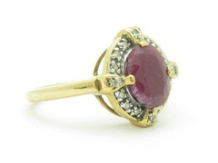 LIV 14k Yellow Gold & Diamonds Red Ruby Oval Shape Art Deco Design Band Ring Gift