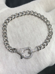 LIV Platinum Sterling Silver Pave White Sapphire Lobster Lock Link Tennis Bracelet